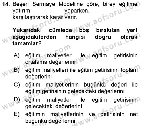 Çalışma Ekonomisi 1 Dersi 2021 - 2022 Yılı (Final) Dönem Sonu Sınav Soruları 14. Soru