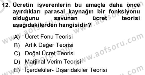 Çalışma Ekonomisi 1 Dersi 2021 - 2022 Yılı Yaz Okulu Sınav Soruları 12. Soru