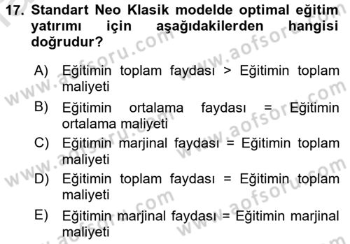 Çalışma Ekonomisi 1 Dersi 2021 - 2022 Yılı Yaz Okulu Sınav Soruları 17. Soru