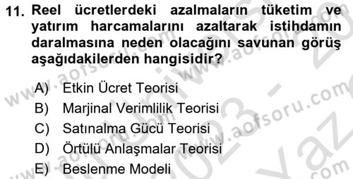 Çalışma Ekonomisi 1 Dersi 2023 - 2024 Yılı Yaz Okulu Sınav Soruları 11. Soru