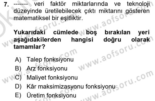 Çalışma Ekonomisi 1 Dersi 2023 - 2024 Yılı Yaz Okulu Sınav Soruları 7. Soru