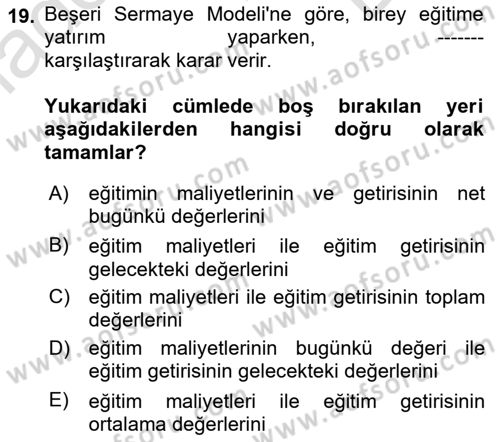 Çalışma Ekonomisi 1 Dersi 2024 - 2025 Yılı (Final) Dönem Sonu Sınav Soruları 19. Soru