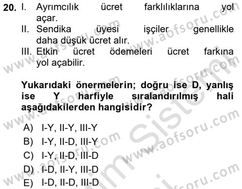 Çalışma Ekonomisi 1 Dersi 2024 - 2025 Yılı (Final) Dönem Sonu Sınav Soruları 20. Soru