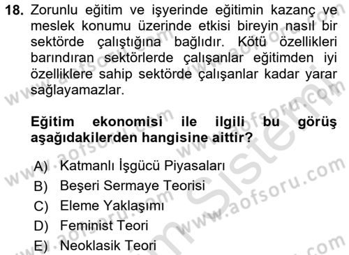 Çalışma Ekonomisi 1 Dersi 2024 - 2025 Yılı Yaz Okulu Sınav Soruları 18. Soru