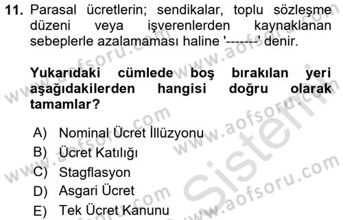 Çalışma Ekonomisi 1 Dersi 2025 - 2026 Yılı (Final) Dönem Sonu Sınav Soruları 11. Soru