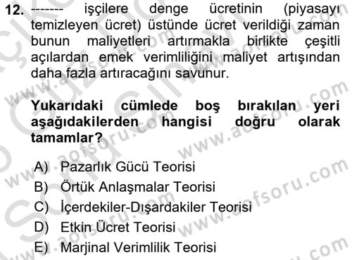 Çalışma Ekonomisi 1 Dersi 2025 - 2026 Yılı (Final) Dönem Sonu Sınav Soruları 12. Soru