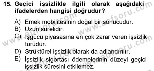 Çalışma Ekonomisi 2 Dersi 2012 - 2013 Yılı (Final) Dönem Sonu Sınav Soruları 15. Soru