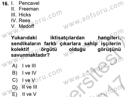 Çalışma Ekonomisi 2 Dersi 2016 - 2017 Yılı (Vize) Ara Sınav Soruları 16. Soru