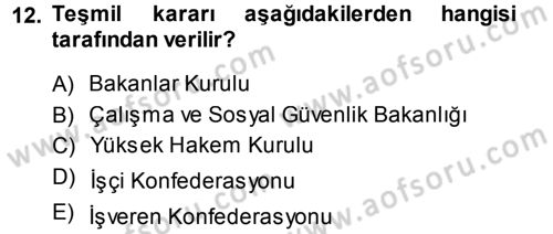 Çalışma İlişkileri Dersi 2013 - 2014 Yılı (Final) Dönem Sonu Sınav Soruları 12. Soru