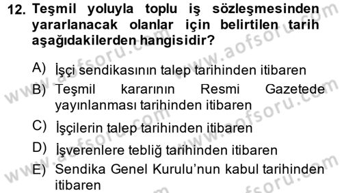 Çalışma İlişkileri Dersi 2014 - 2015 Yılı (Final) Dönem Sonu Sınav Soruları 12. Soru