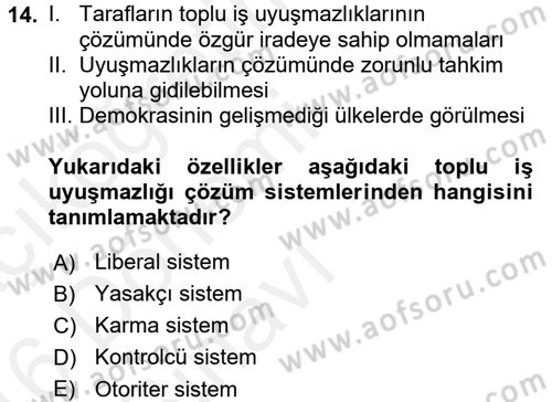 Çalışma İlişkileri Dersi 2015 - 2016 Yılı Tek Ders Sınav Soruları 14. Soru