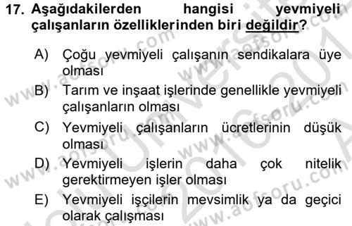 Çalışma İlişkileri Dersi Ara Sınavı Deneme Sınav Soruları 17. Soru