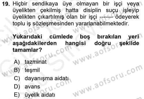 Çalışma İlişkileri Dersi 2017 - 2018 Yılı (Final) Dönem Sonu Sınav Soruları 19. Soru