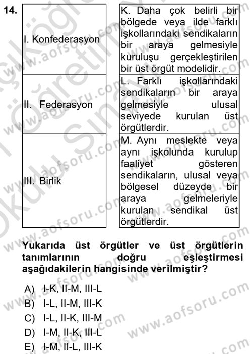 Çalışma İlişkileri Dersi 2020 - 2021 Yılı Yaz Okulu Sınav Soruları 14. Soru