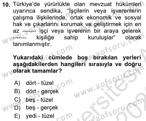 Çalışma İlişkileri Dersi 2021 - 2022 Yılı (Final) Dönem Sonu Sınav Soruları 10. Soru