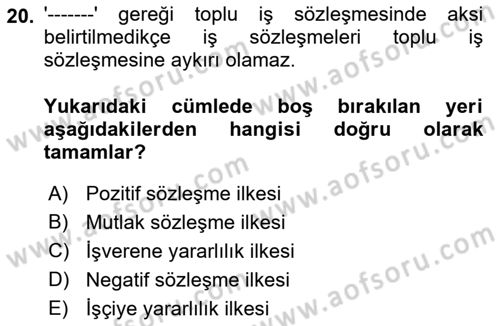 Çalışma İlişkileri Dersi 2021 - 2022 Yılı (Final) Dönem Sonu Sınav Soruları 20. Soru