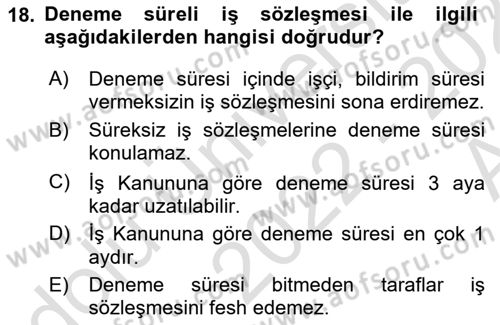 Çalışma İlişkileri Dersi Ara Sınavı Deneme Sınav Soruları 18. Soru
