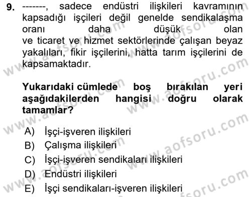 Çalışma İlişkileri Dersi 2022 - 2023 Yılı (Vize) Ara Sınav Soruları 9. Soru