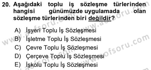 Çalışma İlişkileri Dersi 2022 - 2023 Yılı Yaz Okulu Sınav Soruları 20. Soru