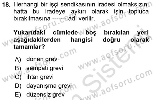 Çalışma İlişkileri Dersi 2023 - 2024 Yılı (Final) Dönem Sonu Sınav Soruları 18. Soru