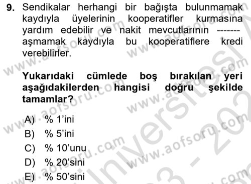 Çalışma İlişkileri Dersi 2023 - 2024 Yılı (Final) Dönem Sonu Sınav Soruları 9. Soru