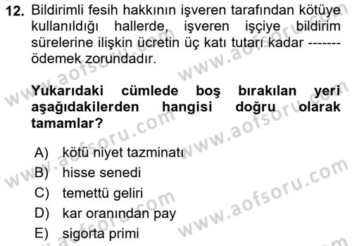 Çalışma İlişkileri Dersi 2023 - 2024 Yılı Yaz Okulu Sınav Soruları 12. Soru