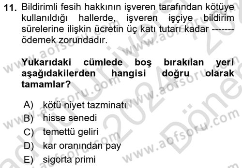 Çalışma İlişkileri Dersi 2024 - 2025 Yılı (Final) Dönem Sonu Sınav Soruları 11. Soru