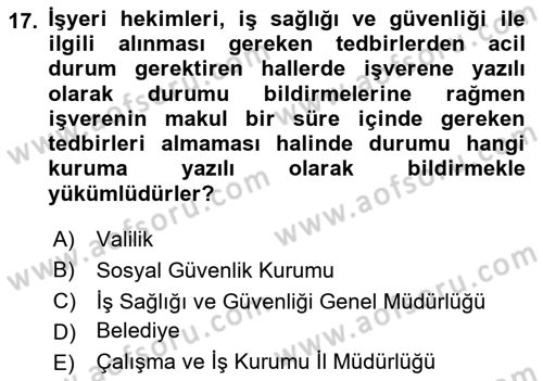 İş Sağlığı ve Güvenliği Dersi 2016 - 2017 Yılı 3 Ders Sınav Soruları 17. Soru