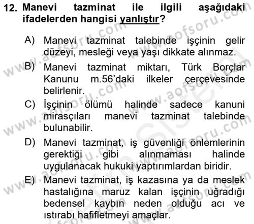 İş Sağlığı ve Güvenliği Dersi 2017 - 2018 Yılı 3 Ders Sınav Soruları 12. Soru