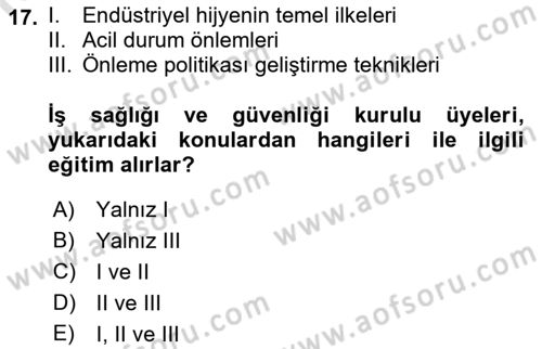 İş Sağlığı ve Güvenliği Dersi 2018 - 2019 Yılı 3 Ders Sınav Soruları 17. Soru