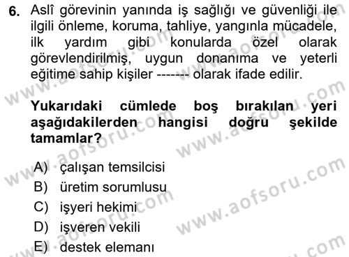 İş Sağlığı ve Güvenliği Dersi 2018 - 2019 Yılı (Final) Dönem Sonu Sınav Soruları 6. Soru