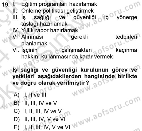 İş Sağlığı ve Güvenliği Dersi 2023 - 2024 Yılı Yaz Okulu Sınav Soruları 19. Soru