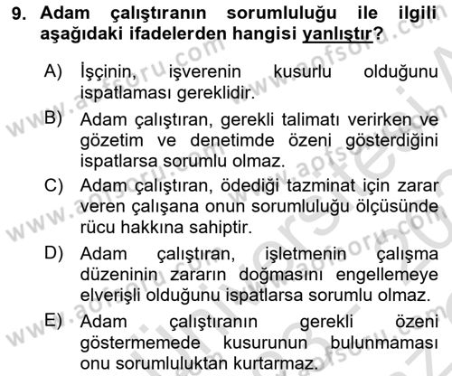İş Sağlığı ve Güvenliği Dersi 2023 - 2024 Yılı Yaz Okulu Sınav Soruları 9. Soru