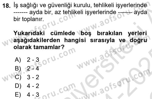 İş Sağlığı ve Güvenliği Dersi 2024 - 2025 Yılı Yaz Okulu Sınav Soruları 18. Soru