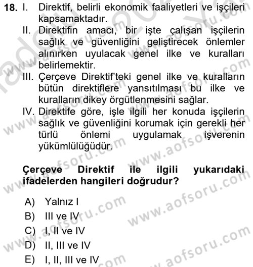 İş Sağlığı ve Güvenliği -x Dersi 2020 - 2021 Yılı Yaz Okulu Sınav Soruları 18. Soru