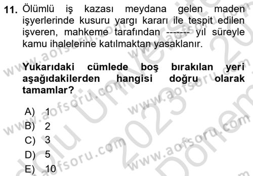 İş Sağlığı ve Güvenliği -x Dersi 2023 - 2024 Yılı (Final) Dönem Sonu Sınav Soruları 11. Soru