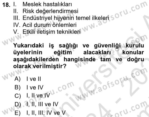 İş Sağlığı ve Güvenliği -x Dersi 2024 - 2025 Yılı (Final) Dönem Sonu Sınav Soruları 18. Soru