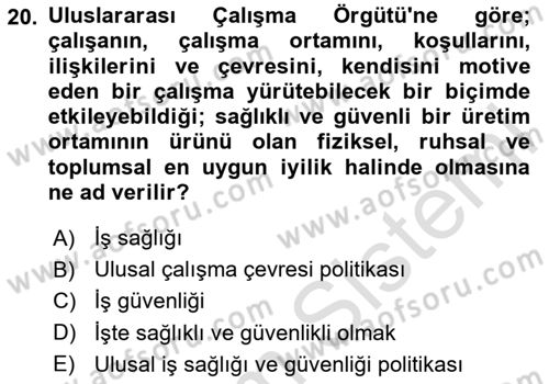 İş Sağlığı ve Güvenliği -x Dersi 2024 - 2025 Yılı (Final) Dönem Sonu Sınav Soruları 20. Soru