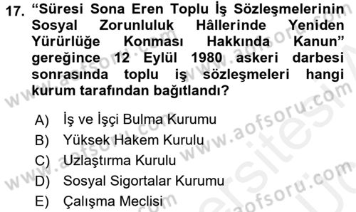 Çalışma İlişkileri Tarihi Dersi 2017 - 2018 Yılı 3 Ders Sınav Soruları 17. Soru