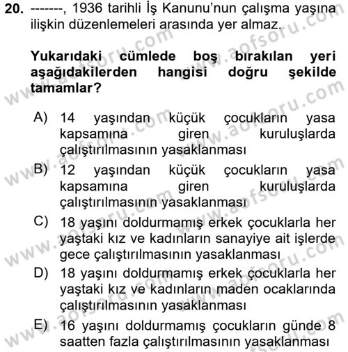 Çalışma İlişkileri Tarihi Dersi 2017 - 2018 Yılı (Vize) Ara Sınav Soruları 20. Soru