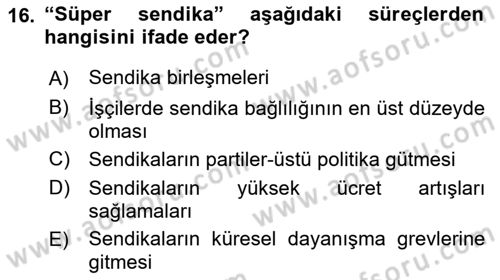 Çalışma İlişkileri Tarihi Dersi 2018 - 2019 Yılı 3 Ders Sınavı 16. Soru