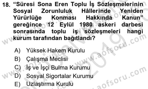 Çalışma İlişkileri Tarihi Dersi 2018 - 2019 Yılı 3 Ders Sınav Soruları 18. Soru