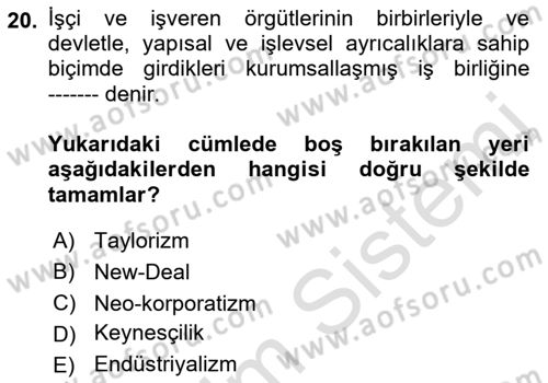 Çalışma İlişkileri Tarihi Dersi 2018 - 2019 Yılı 3 Ders Sınav Soruları 20. Soru