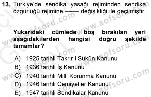 Çalışma İlişkileri Tarihi Dersi Ara Sınavı Deneme Sınav Soruları 13. Soru