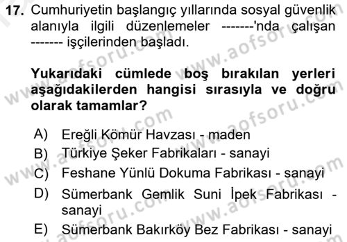 Çalışma İlişkileri Tarihi Dersi 2018 - 2019 Yılı (Vize) Ara Sınav Soruları 17. Soru