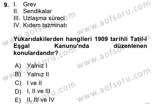 Çalışma İlişkileri Tarihi Dersi 2018 - 2019 Yılı (Vize) Ara Sınav Soruları 9. Soru