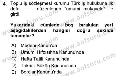 Çalışma İlişkileri Tarihi Dersi 2018 - 2019 Yılı (Final) Dönem Sonu Sınav Soruları 4. Soru
