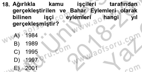 Çalışma İlişkileri Tarihi Dersi 2018 - 2019 Yılı Yaz Okulu Sınav Soruları 18. Soru