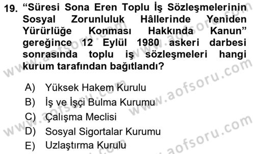 Çalışma İlişkileri Tarihi Dersi 2018 - 2019 Yılı Yaz Okulu Sınav Soruları 19. Soru