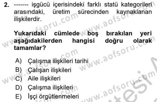 Çalışma İlişkileri Tarihi Dersi 2018 - 2019 Yılı Yaz Okulu Sınav Soruları 2. Soru